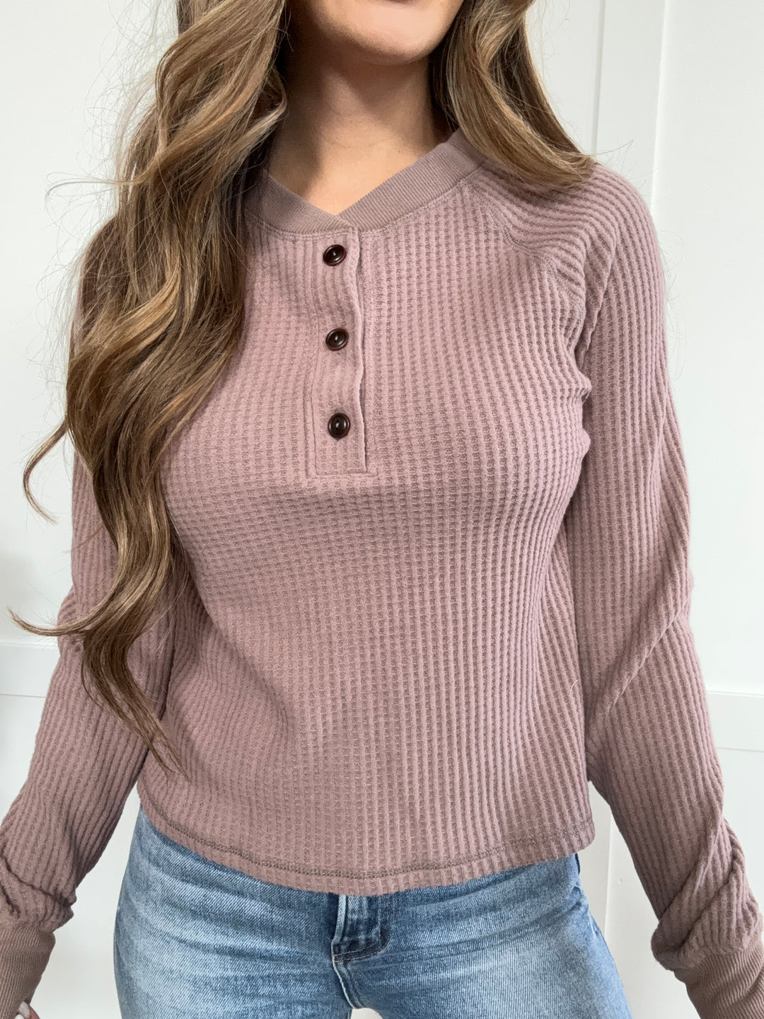 PREORDER: Chill in Style Waffle-Knit Round Neck Long Sleeve Blouse