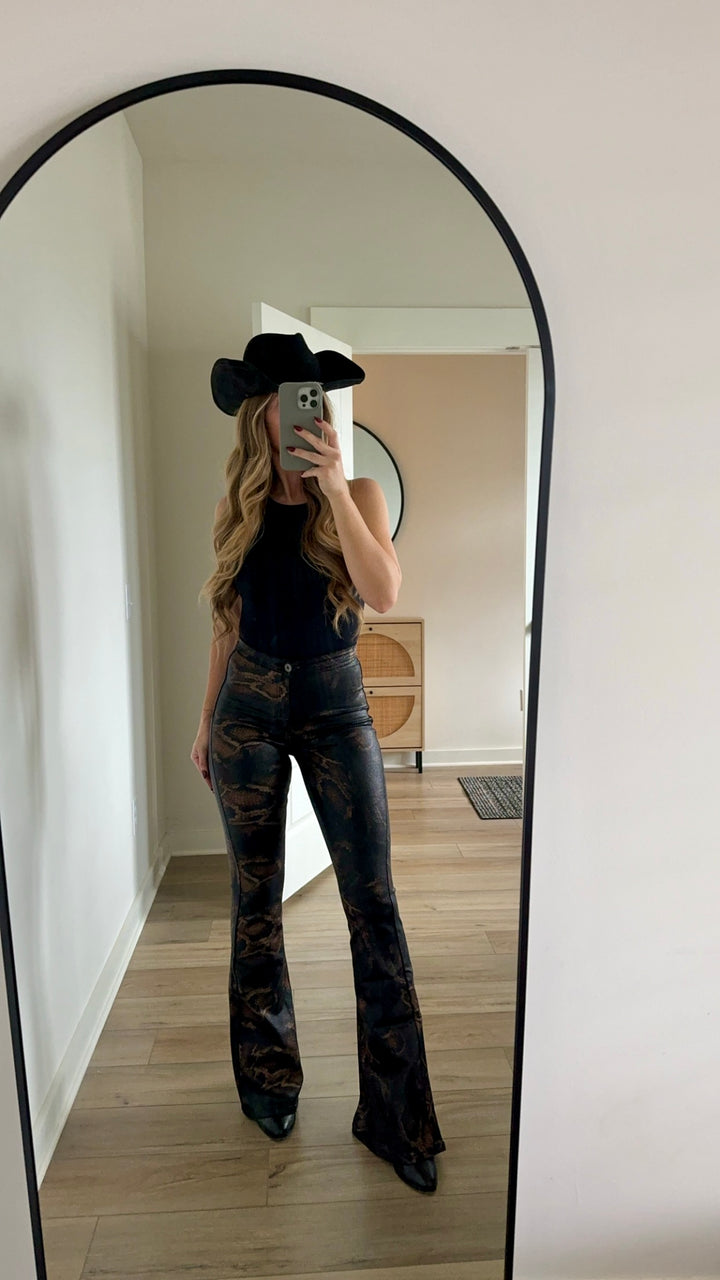 Fiona High Waisted Bell Bottom Flare Jeans - Snakeprint