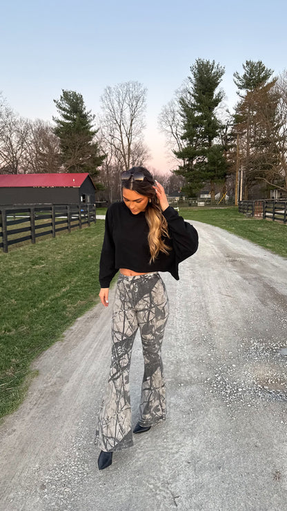 Fiona High Waisted Bell Bottom Flare Jeans - Storm Grey Camo