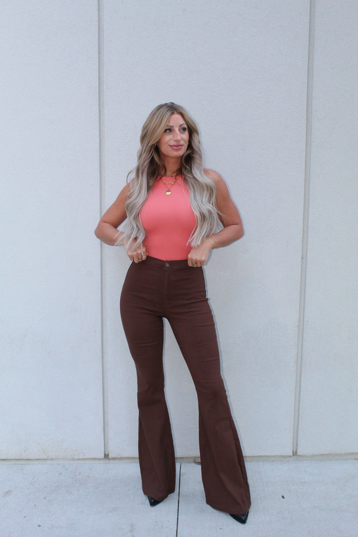 Fiona High Waisted Bell Bottom Flare Jeans - Chocolate Brown