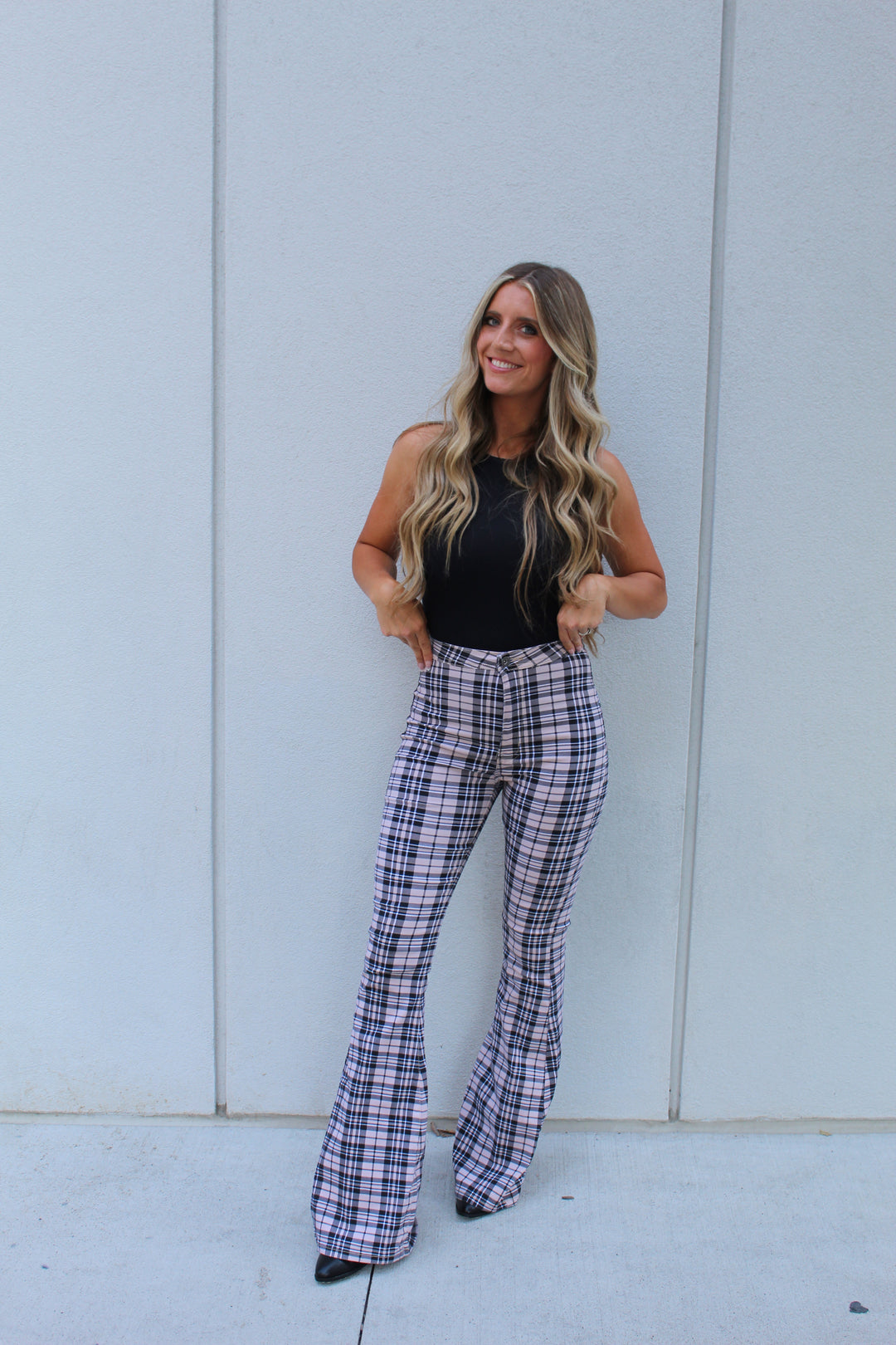 Gretchen High Waisted Plaid Flare Jeans