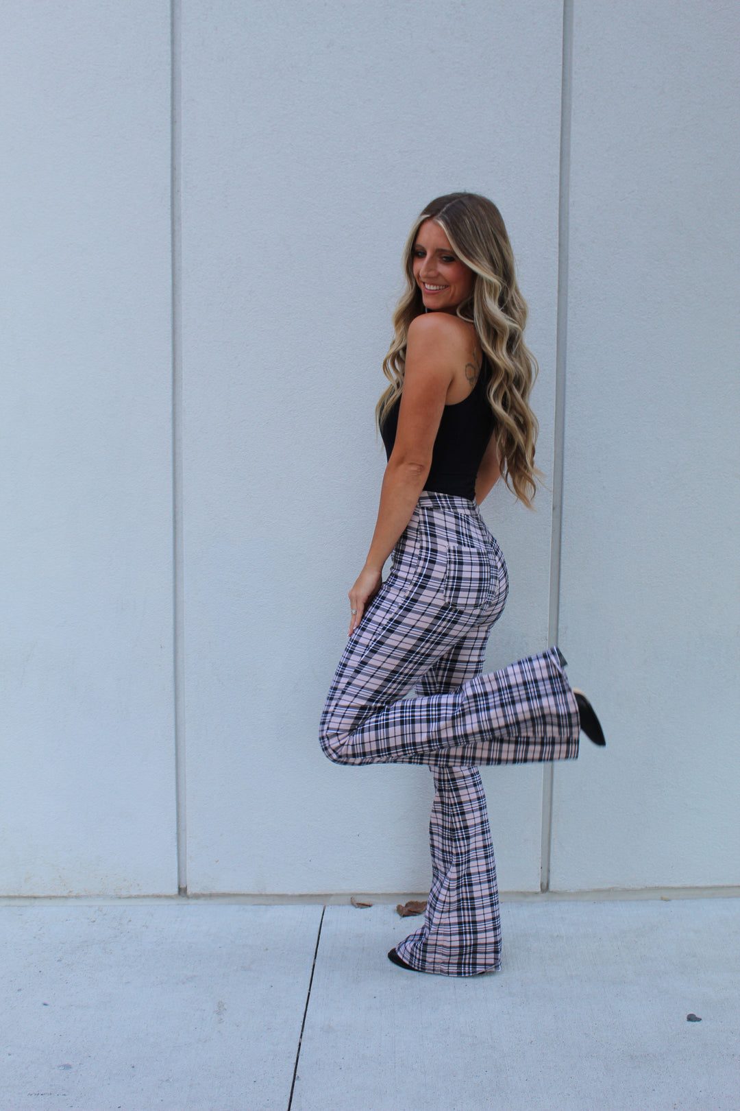 Gretchen High Waisted Plaid Flare Jeans