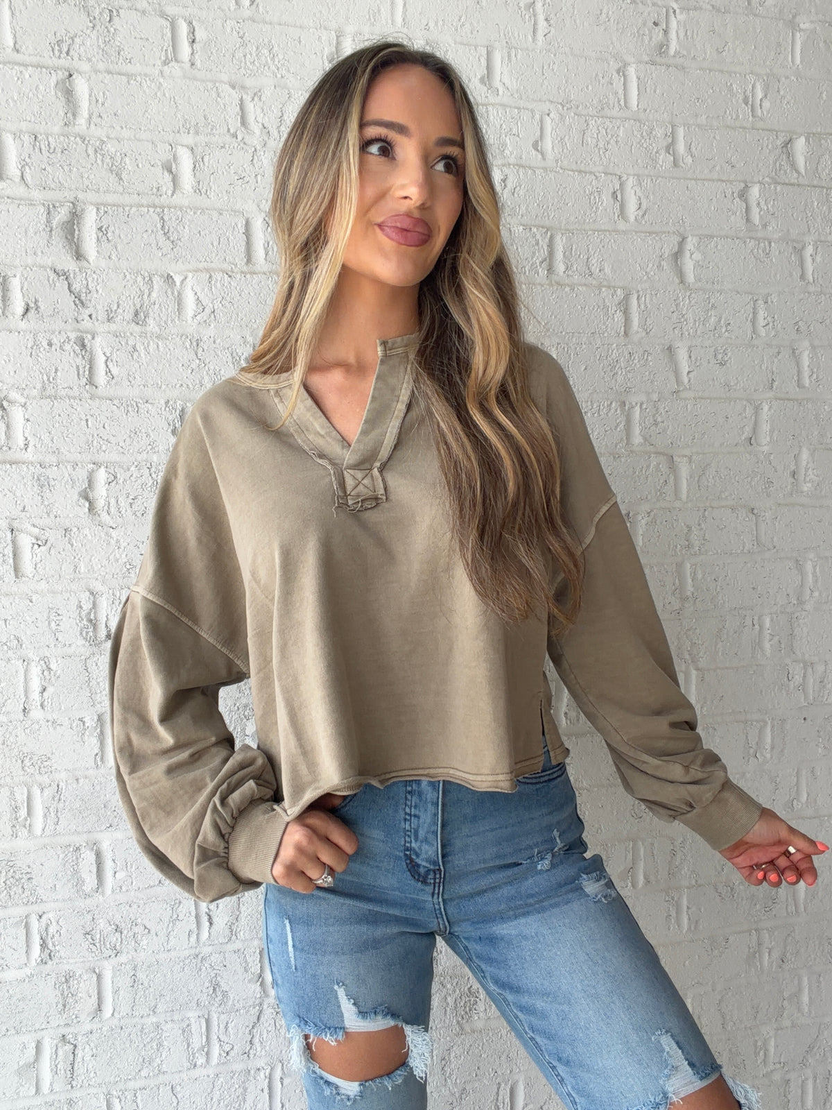 Ella Notch Neck Long Sleeve Crop Top