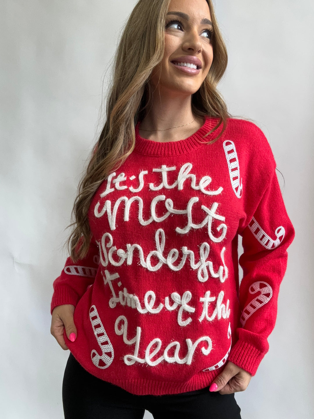 Candy Cane Cutie Sequin Embroidered Sweater