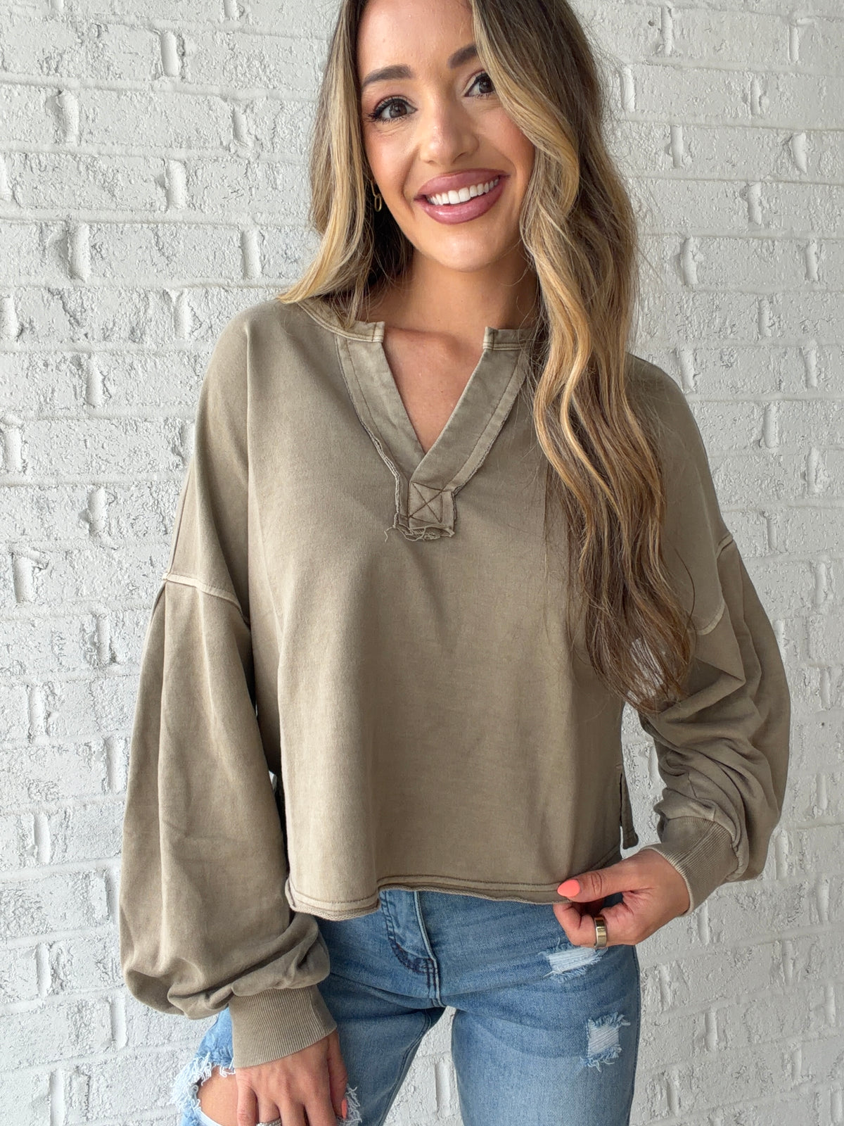 Ella Notch Neck Long Sleeve Crop Top