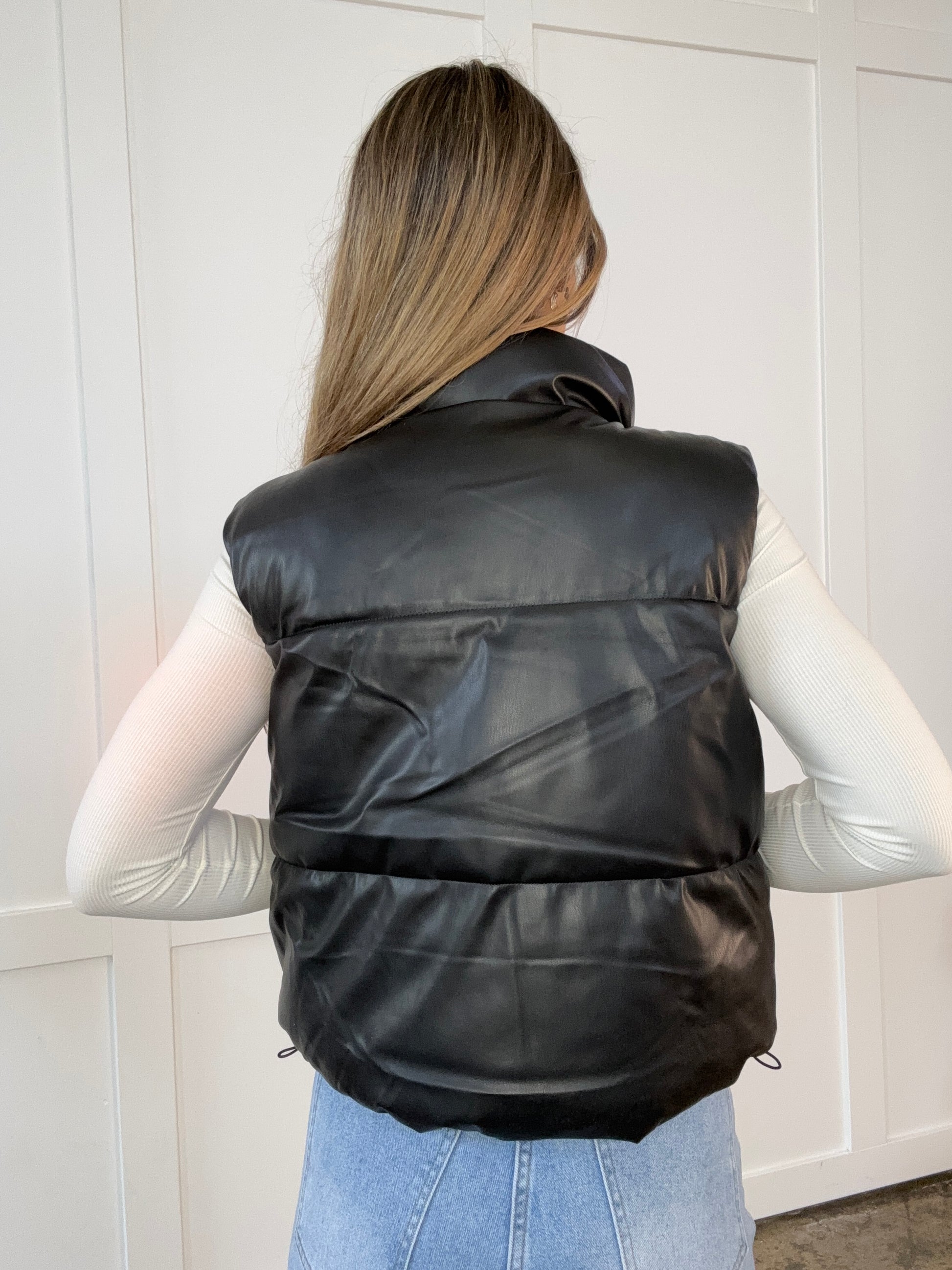 Shop PU Faux Leather Puffer Vest- Full Length online at Willow Boutique – best boutique for women’s fashion.