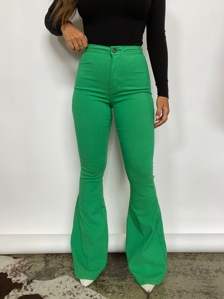 Fiona High Waisted Bell Bottom Flare Jeans - Kelly Green Fiona High Waisted Bell Bottom Flare Jeans - Kelly Green