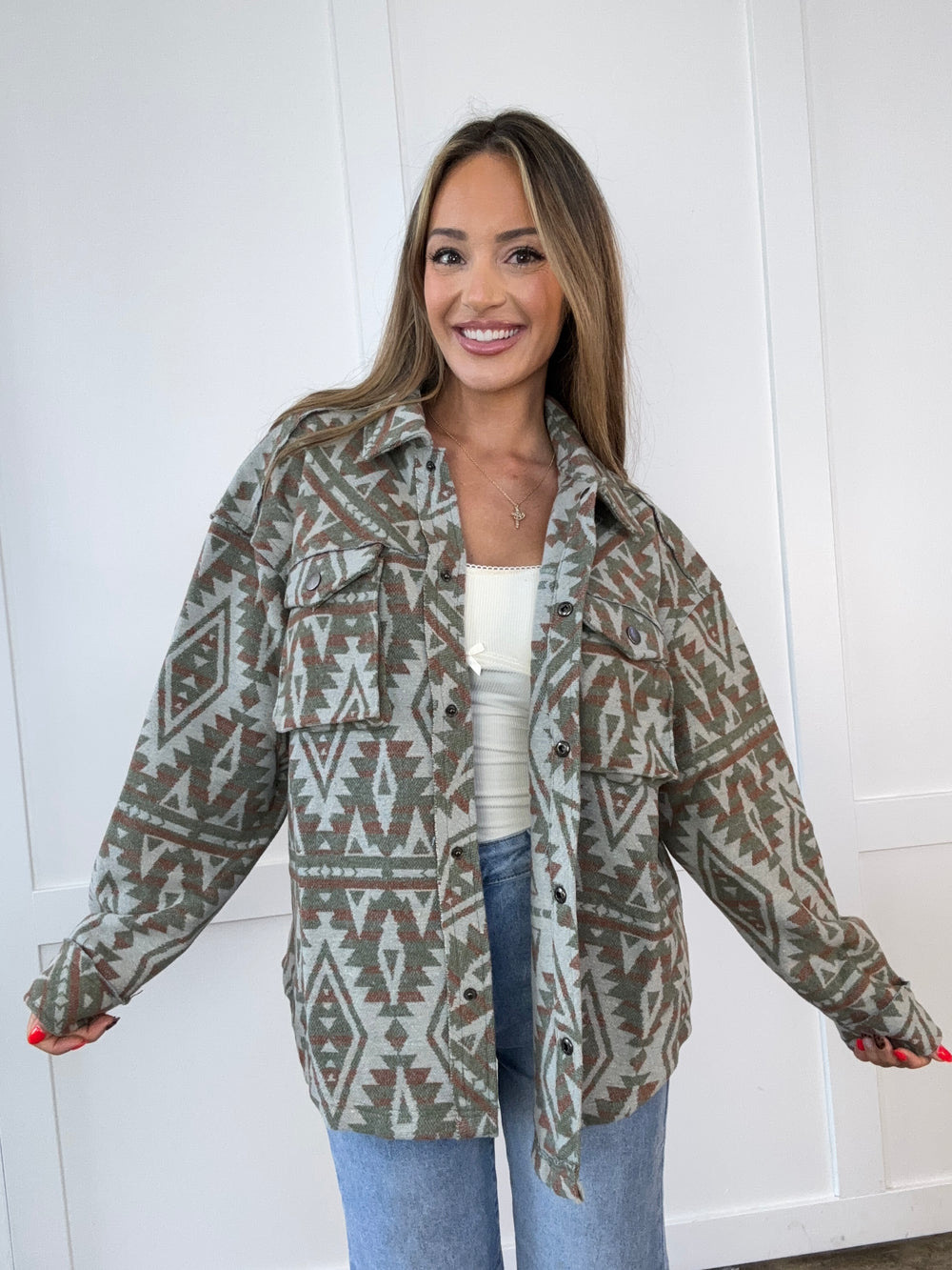 Buy our "Backyard Social Olive Aztec Shacket" online – Willow Boutique Clothing. Shop stylish Backyard Social Olive Aztec Shacket today.