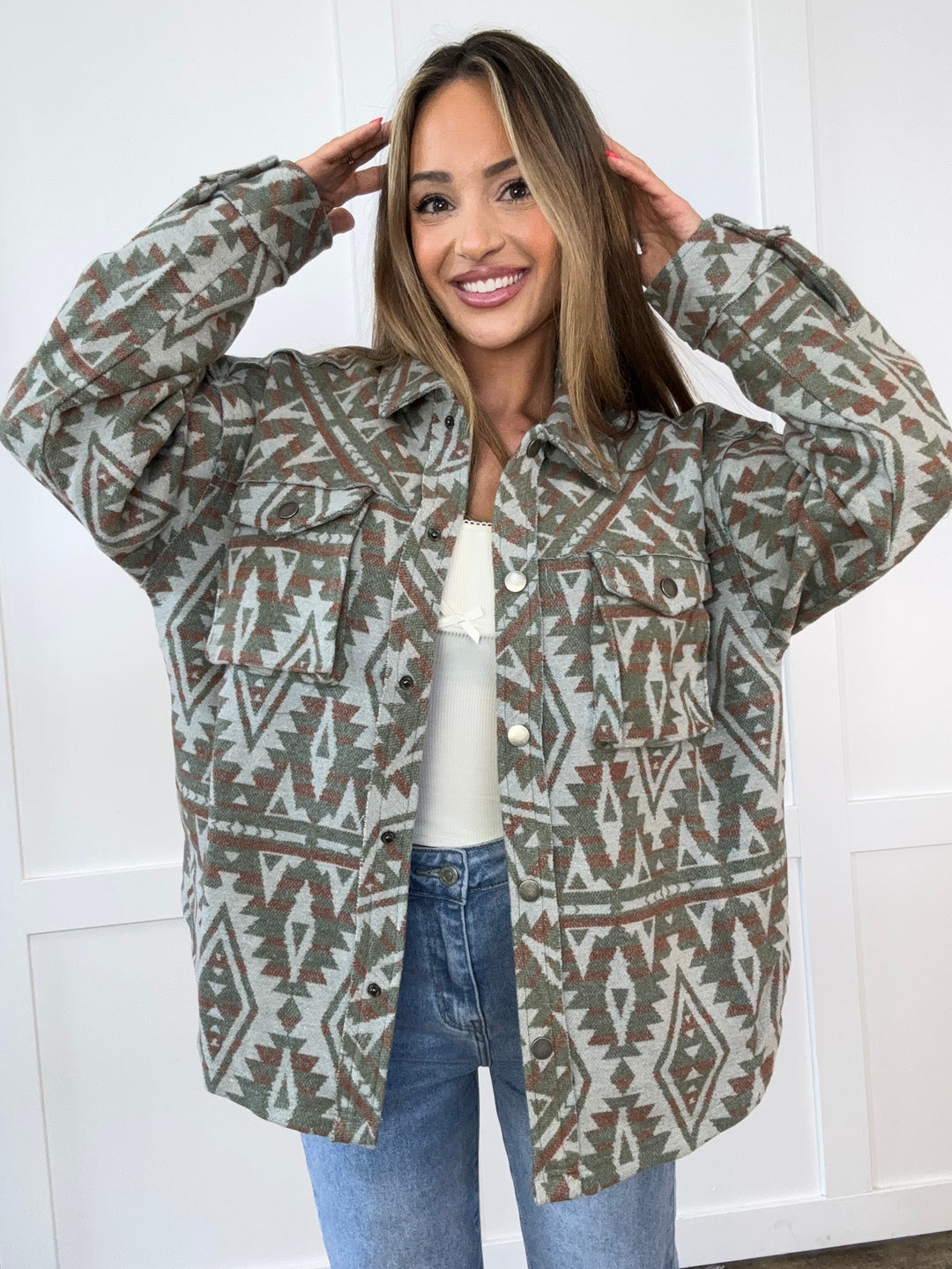 Buy our "Backyard Social Olive Aztec Shacket" online – Willow Boutique Clothing. Shop stylish Backyard Social Olive Aztec Shacket today.
