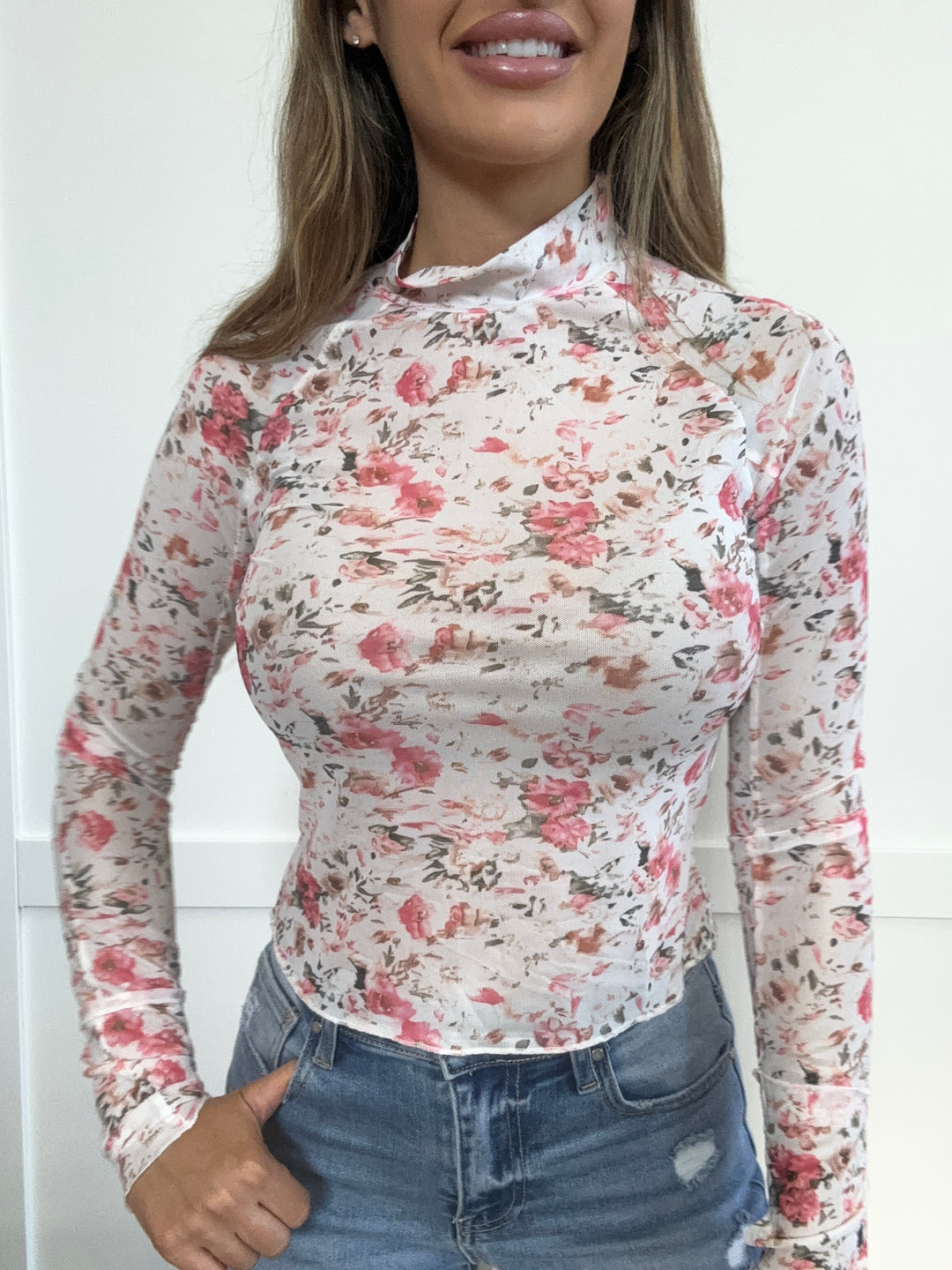 PREORDER: Blushing Bloom Floral Mock Neck Long Sleeve Blouse