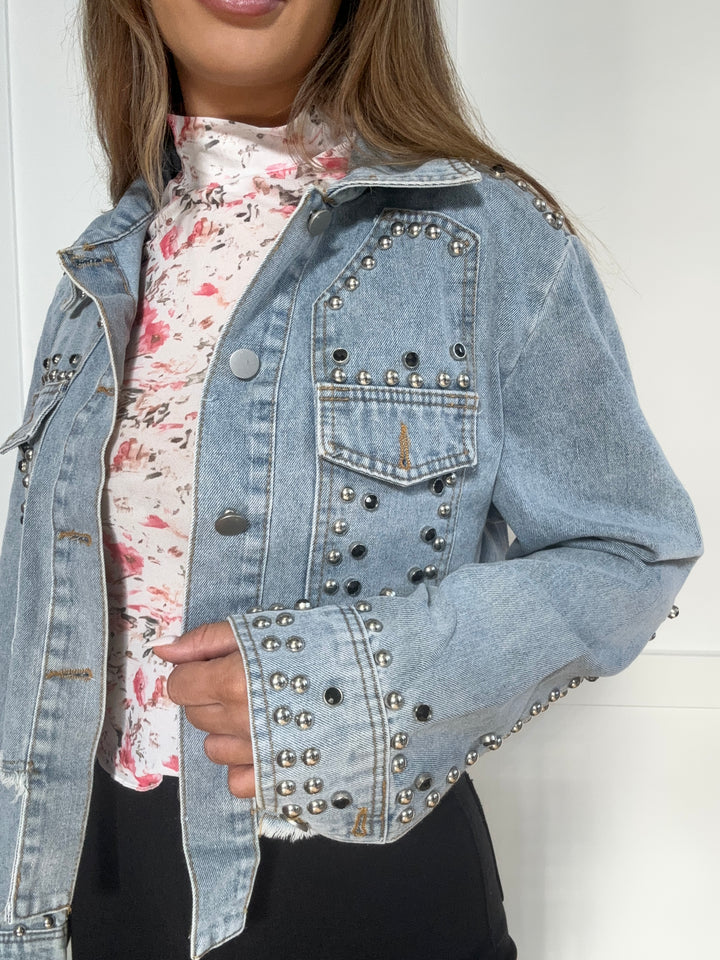 PREORDER: Studded & Stylish Button Up Long Sleeve Denim Jacket