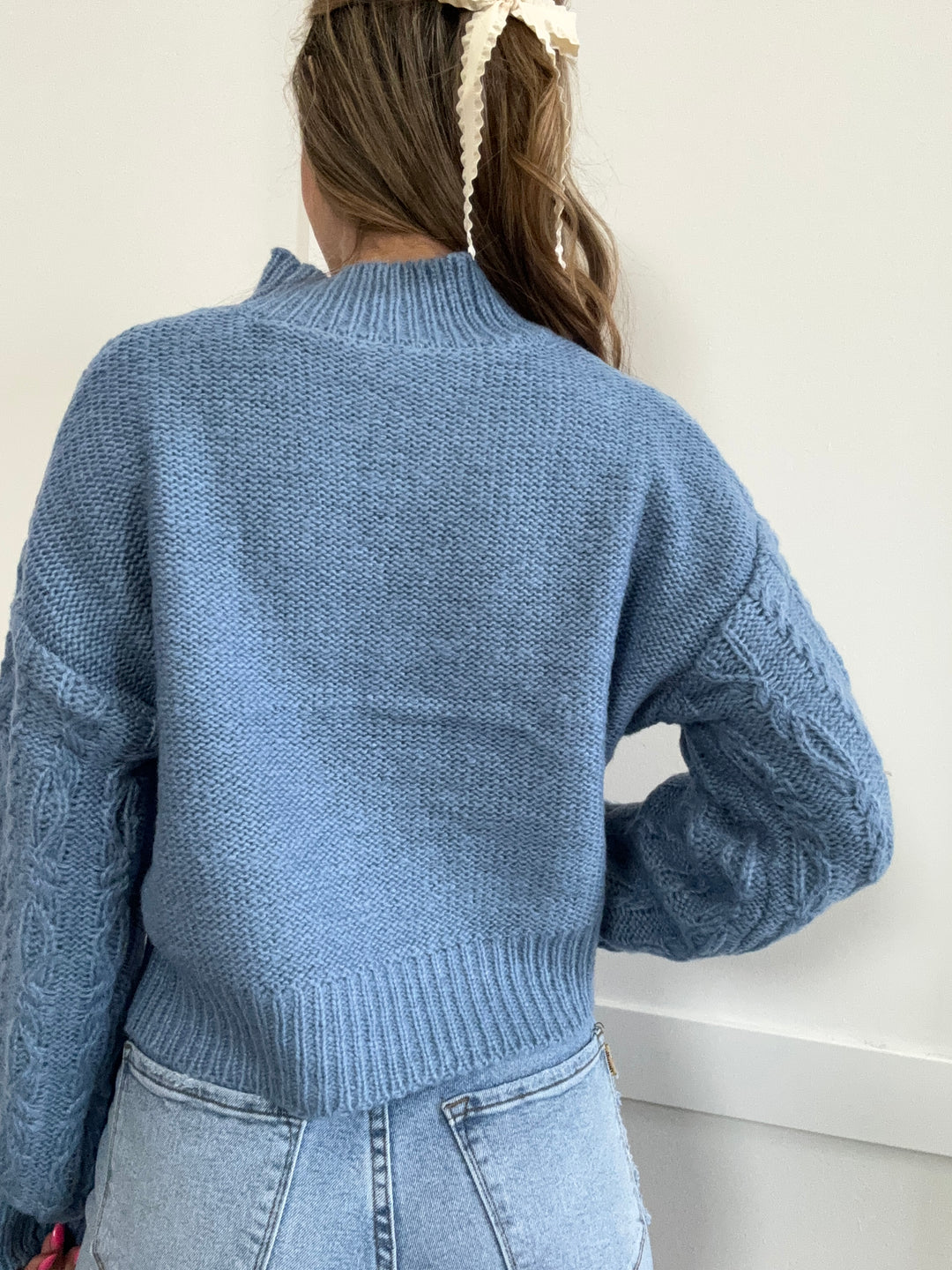 Sky Cable Knit Mock Neck Sweater