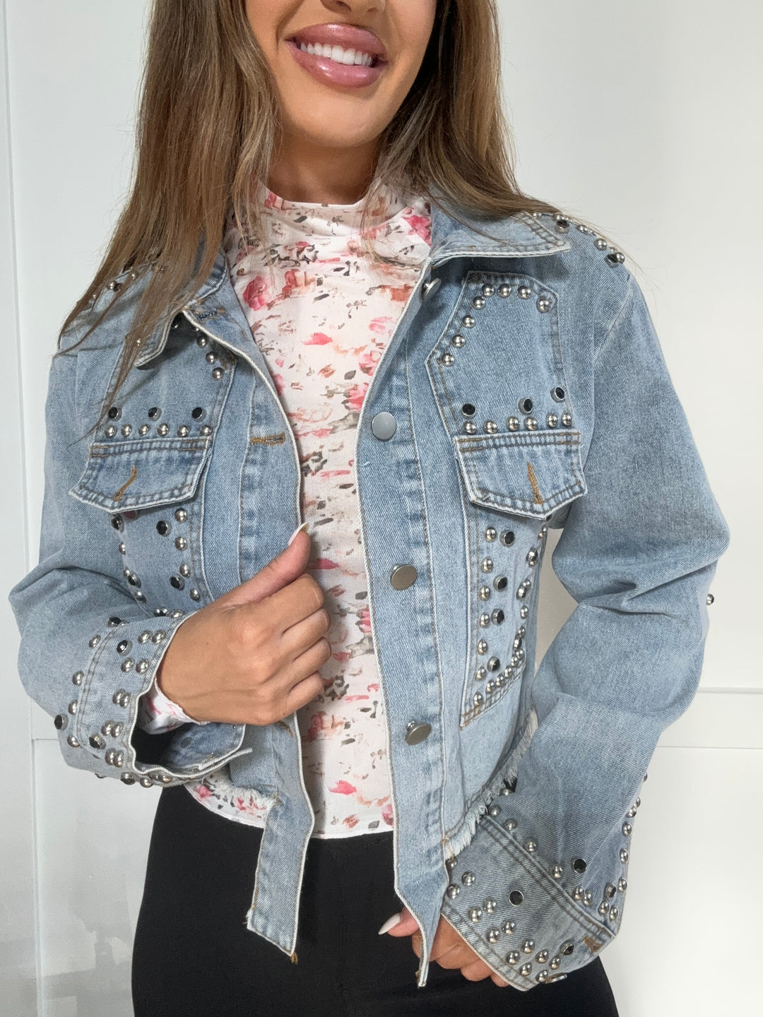 PREORDER: Studded & Stylish Button Up Long Sleeve Denim Jacket