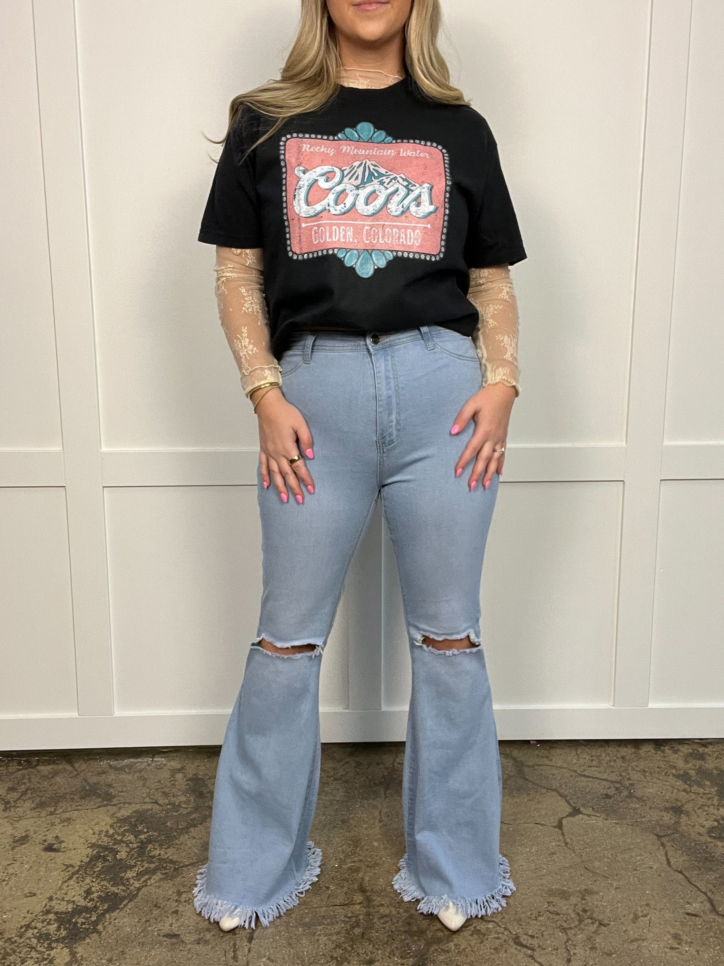 Buy our "Farrah Denim Distressed High Waisted Flares - Light Wash" online – Willow Boutique Clothing. Shop stylish Farrah Denim Distressed High Waisted Flares - Light Wash today.