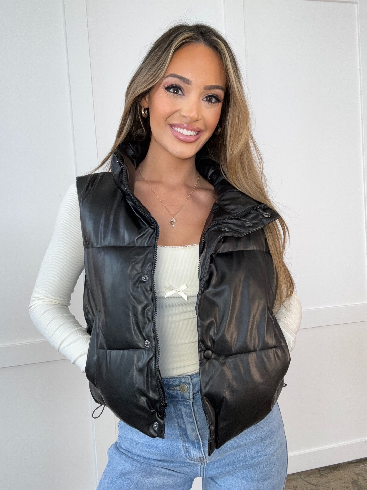 Shop PU Faux Leather Puffer Vest- Full Length online at Willow Boutique – best boutique for women’s fashion.