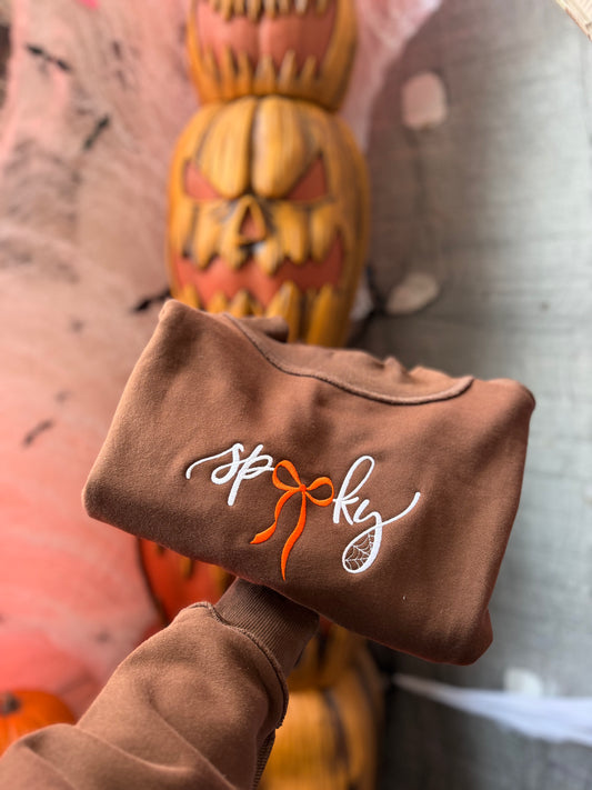 Spooky Spiderweb Embroidered Tilly Brown Reversible Oversized Mockneck Crew