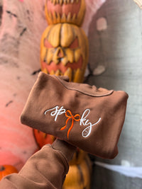 Spooky Spiderweb Embroidered Tilly Brown Reversible Oversized Mockneck Crew
