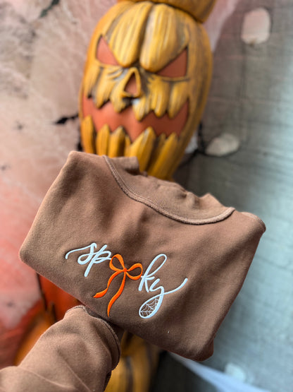 Spooky Spiderweb Embroidered Tilly Brown Reversible Oversized Mockneck Crew