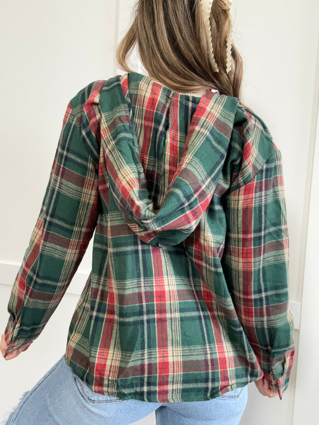 PREORDER: Darcy Drawstring Plaid Hooded Long Sleeve Top