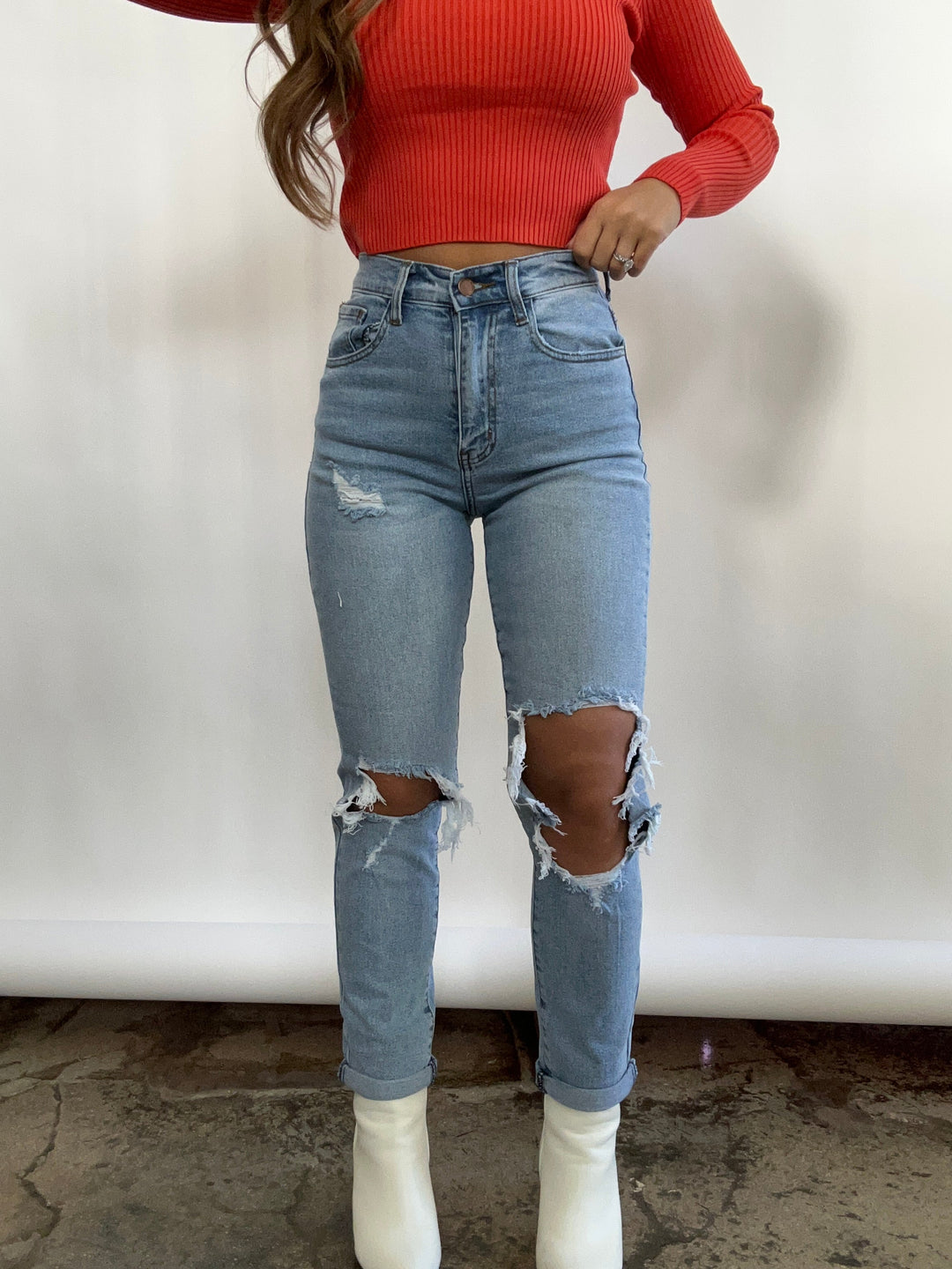 IMPERFECT of Kayla Distressed Light Wash Mom Jeans