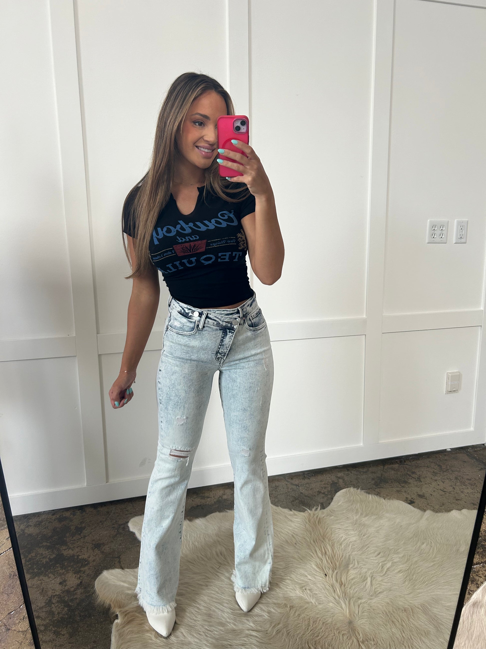 Buy our "PREORDER: Lucy Asymmetrical Control Distressed Flare Jeans" online – Willow Boutique Clothing. Shop stylish PREORDER: Lucy Asymmetrical Control Distressed Flare Jeans today.