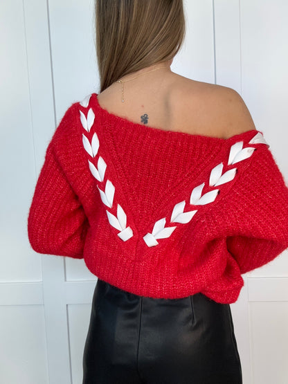 Lola Satin Braided Ribbon Tie V Neck Sweater