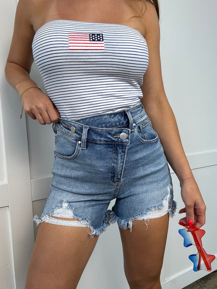 Lindsey Asymmetrical Distressed Shorts- Medium Wash