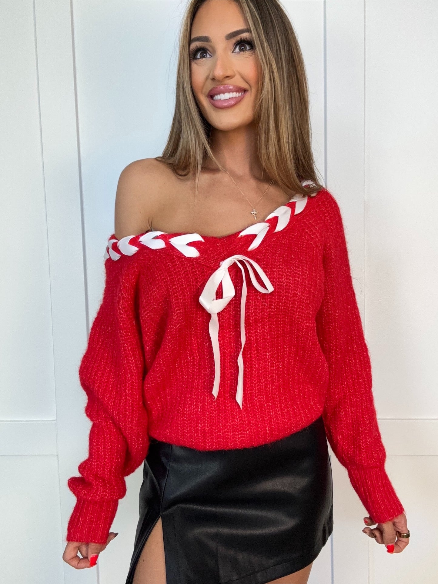 Lola Satin Braided Ribbon Tie V Neck Sweater
