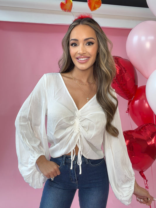 Mustard Seed Front Tie Shirring Long Sleeve Top - White