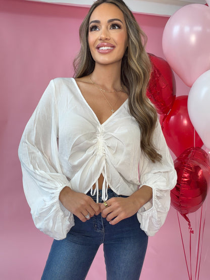 Mustard Seed Front Tie Shirring Long Sleeve Top - White