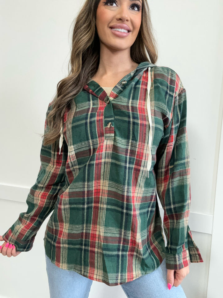 PREORDER: Darcy Drawstring Plaid Hooded Long Sleeve Top