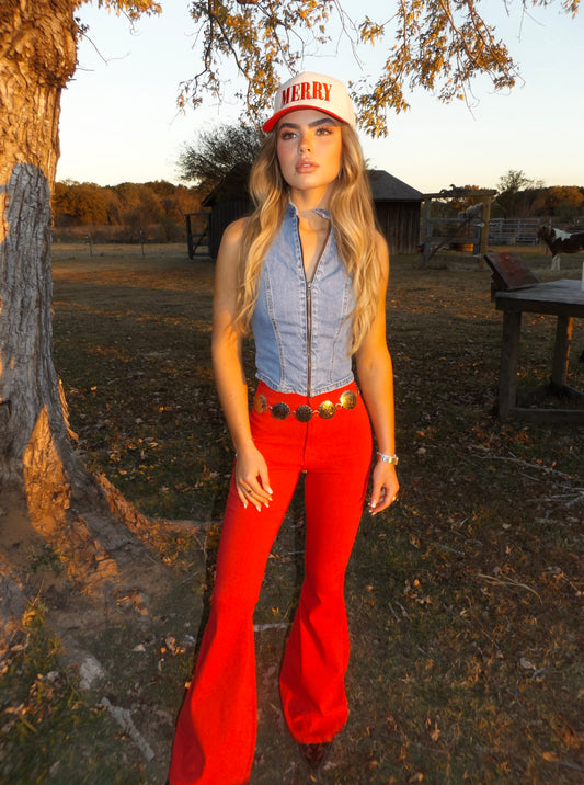 Fiona High Waisted Bell Bottom Flare Jeans - Red