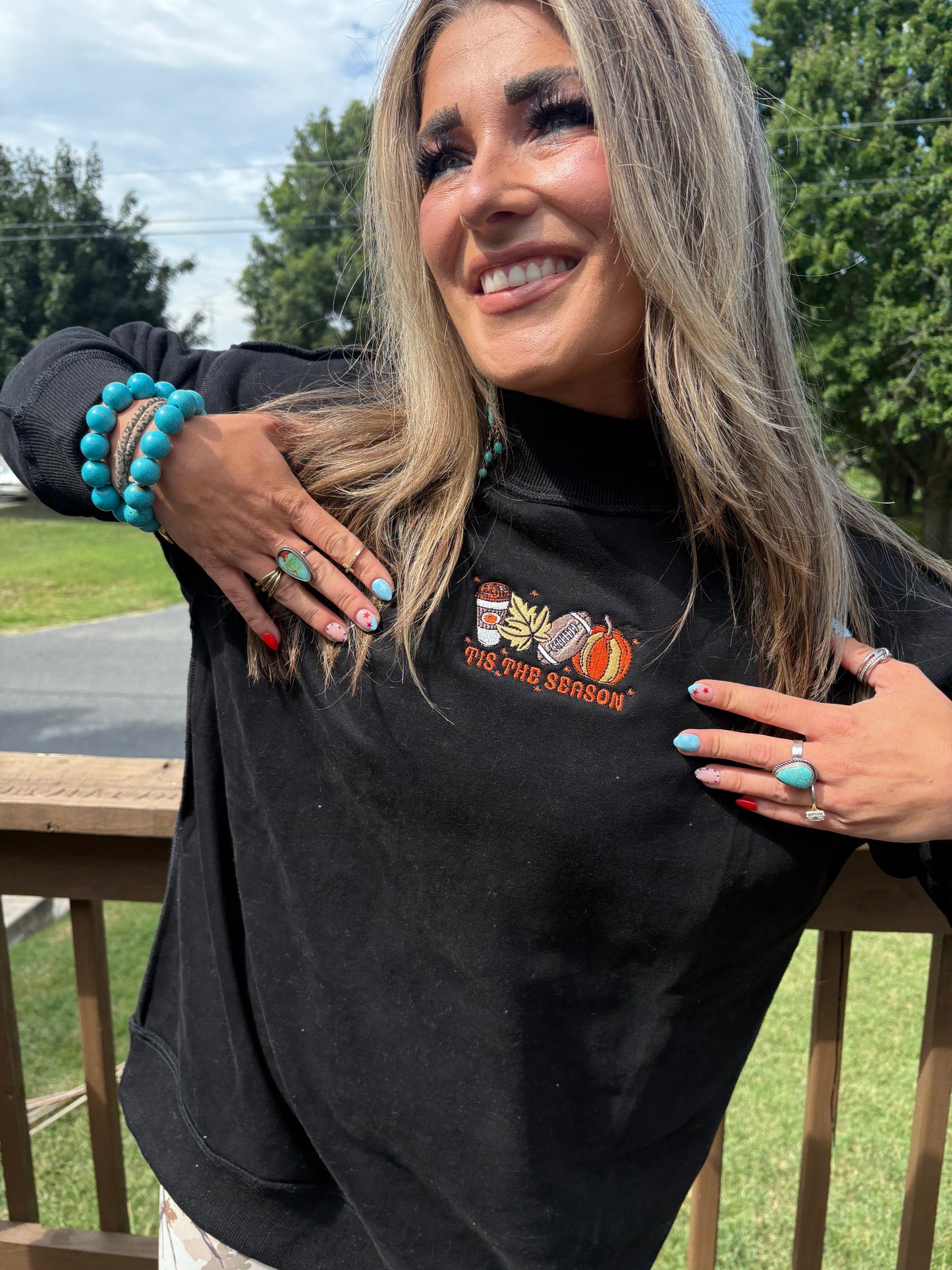 Tis The Season Embroidered Tilly Black Reversible Oversized Mockneck Crew
