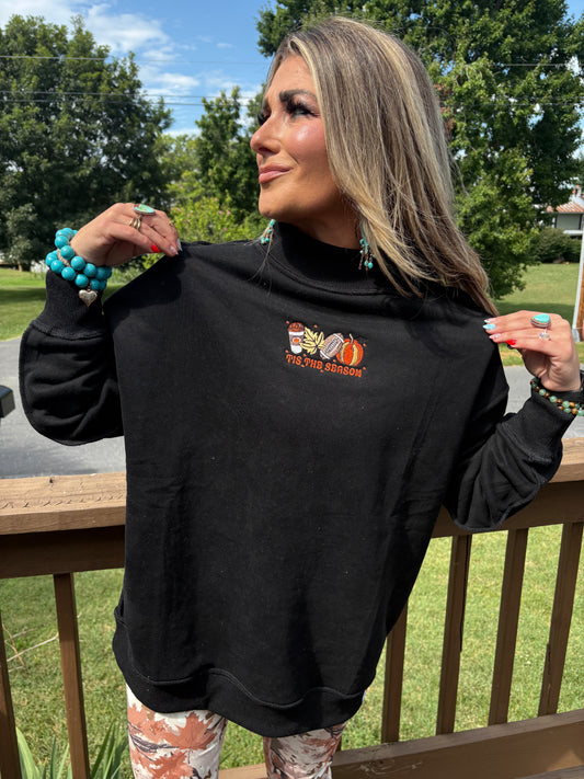 Tis The Season Embroidered Tilly Black Reversible Oversized Mockneck Crew