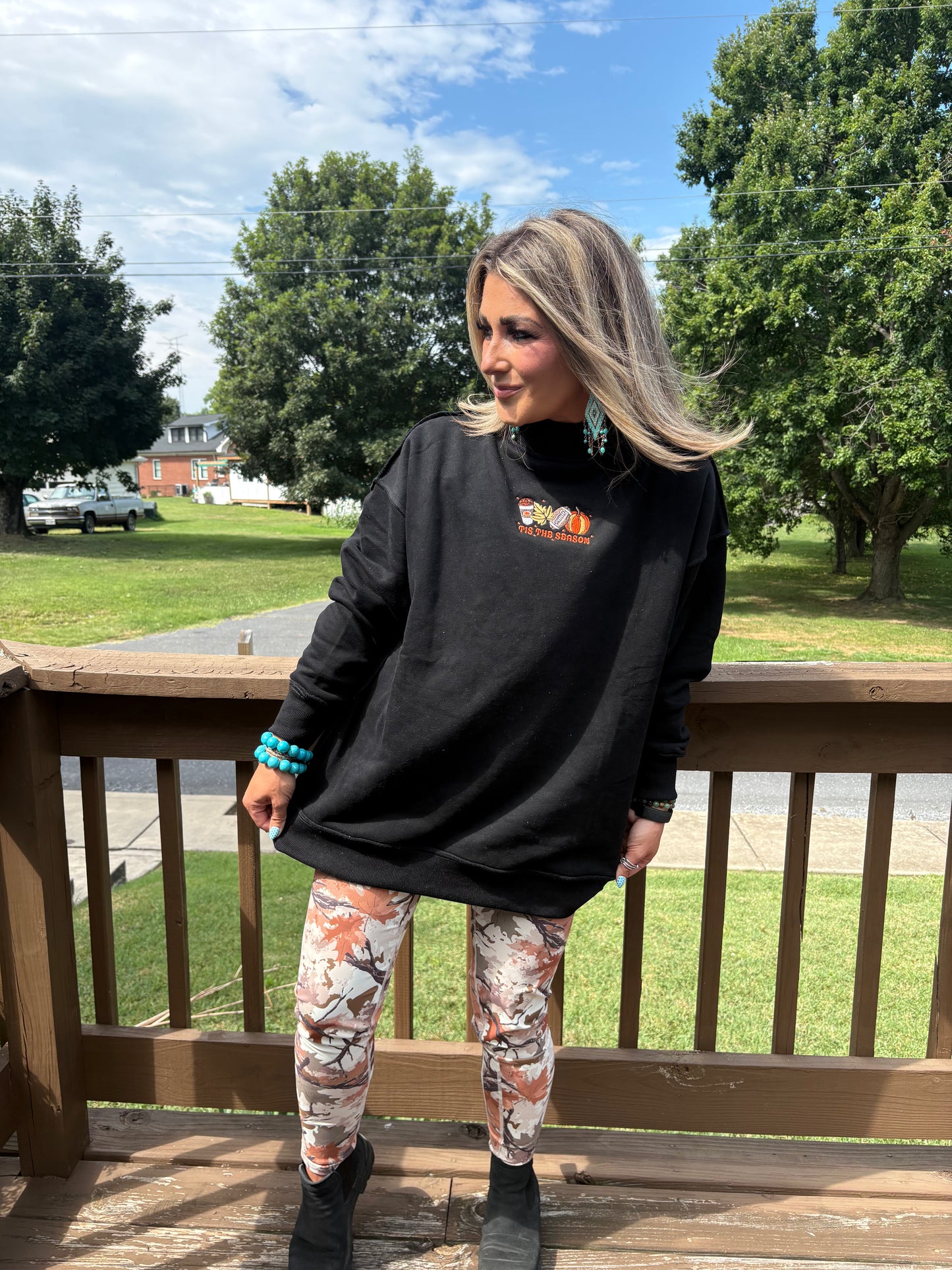 Tis The Season Embroidered Tilly Black Reversible Oversized Mockneck Crew