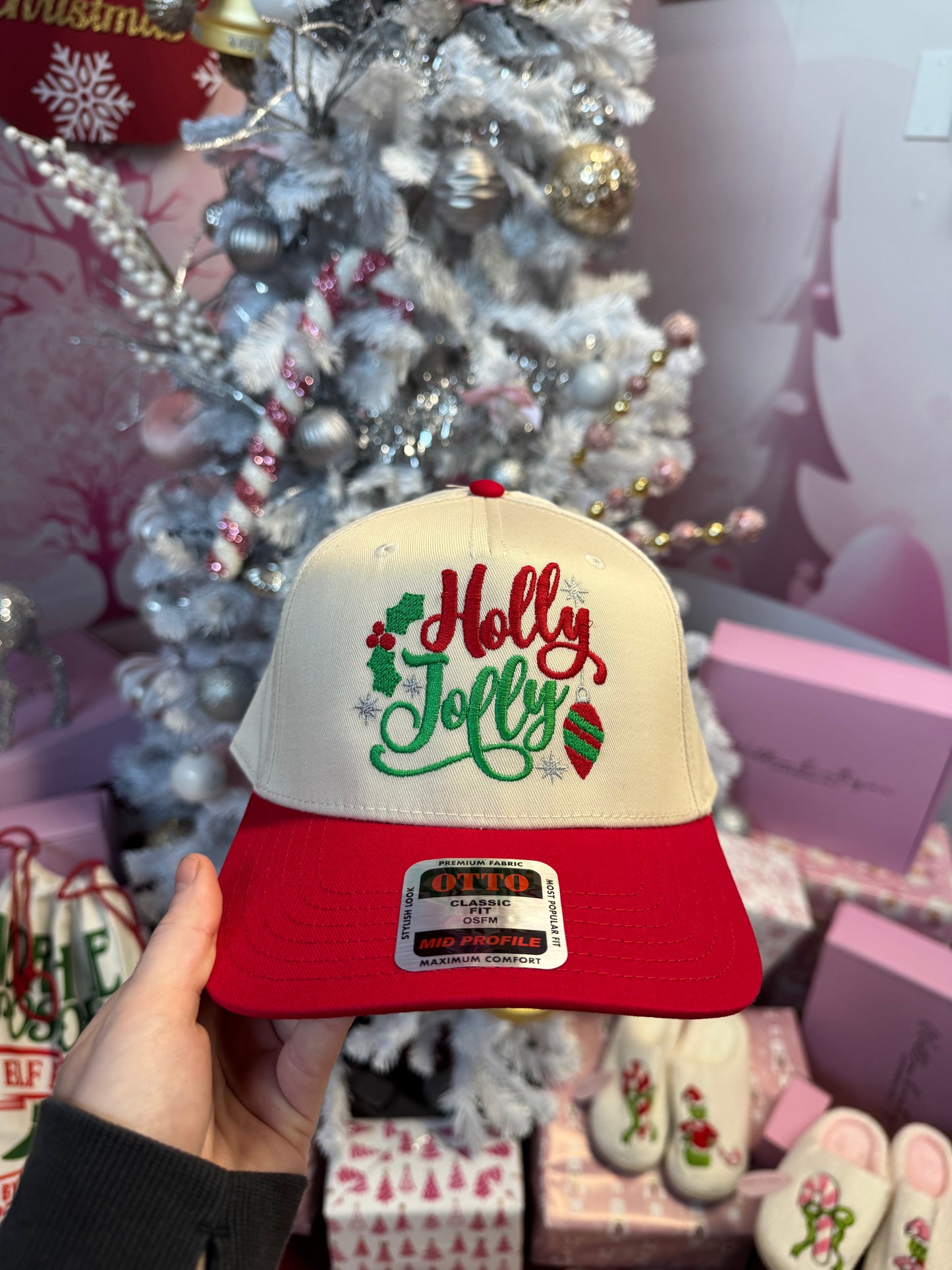 Shop Holly Jolly Embroidered Trucker Hat online at Willow Boutique – best boutique for women’s fashion.
