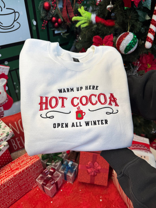 Shop Embroidered "Open All Winter Hot Cocoa" Holiday Crewneck online at Willow Boutique – best boutique for women’s fashion.