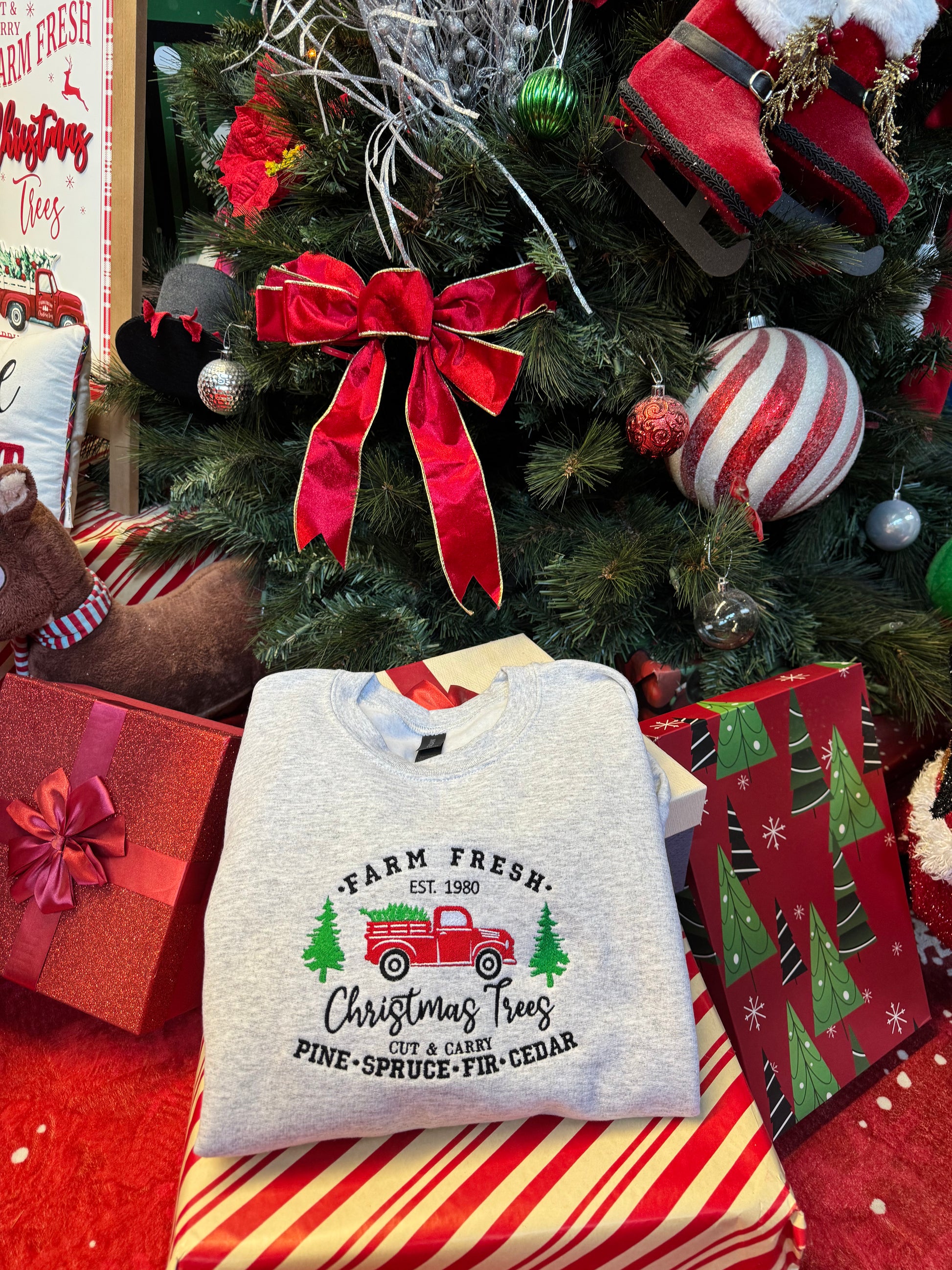 Shop Embroidered "Farm Fresh Christmas Trees" Holiday Crewneck online at Willow Boutique – best boutique for women’s fashion.