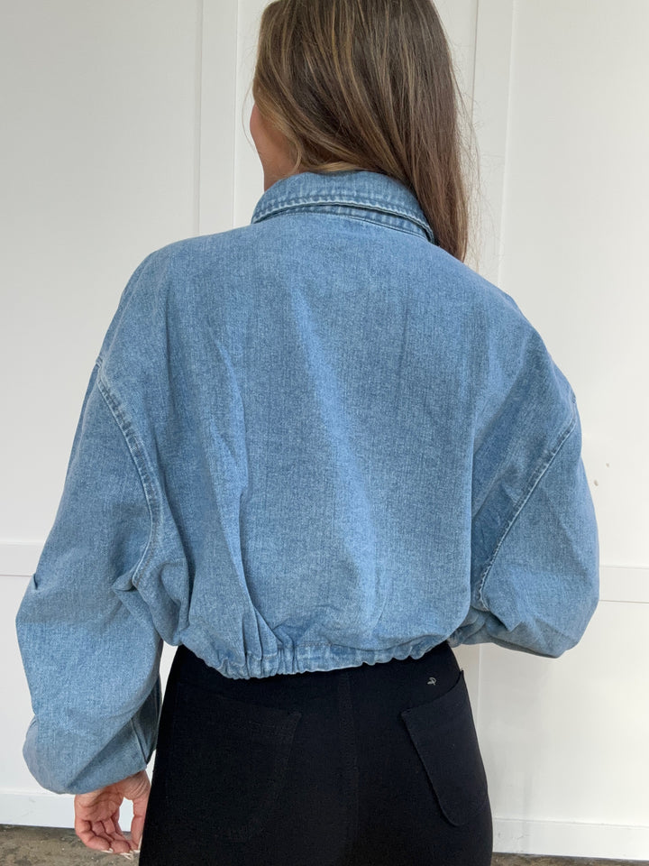 Cloudy Day Drawstring Waist Crop Denim Jacket