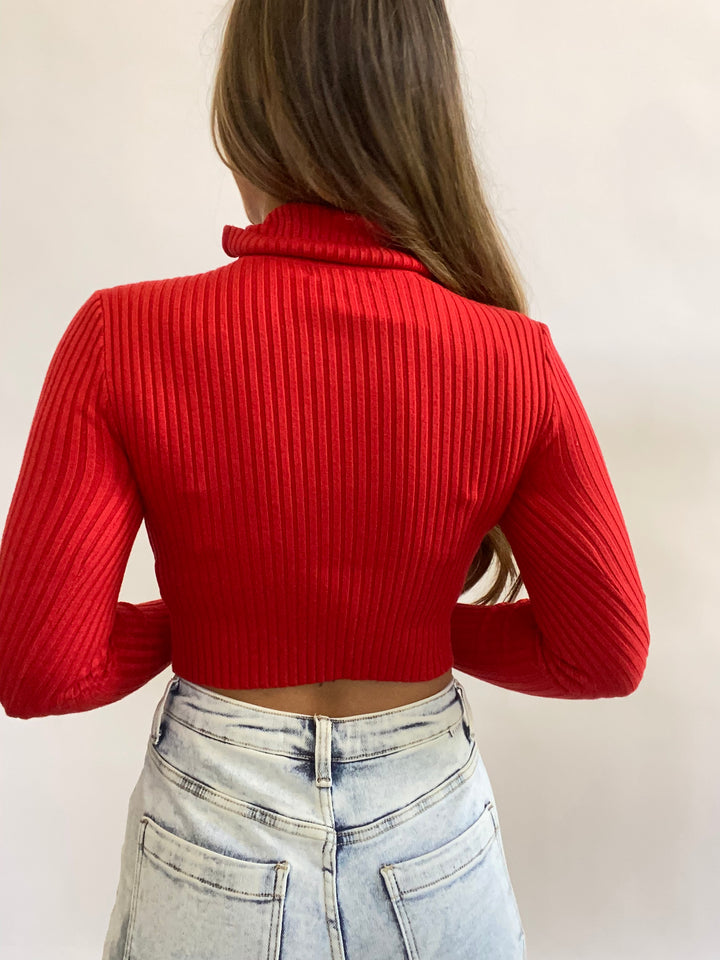 Breana Cropped Turtleneck Ribbed Sweater - Red