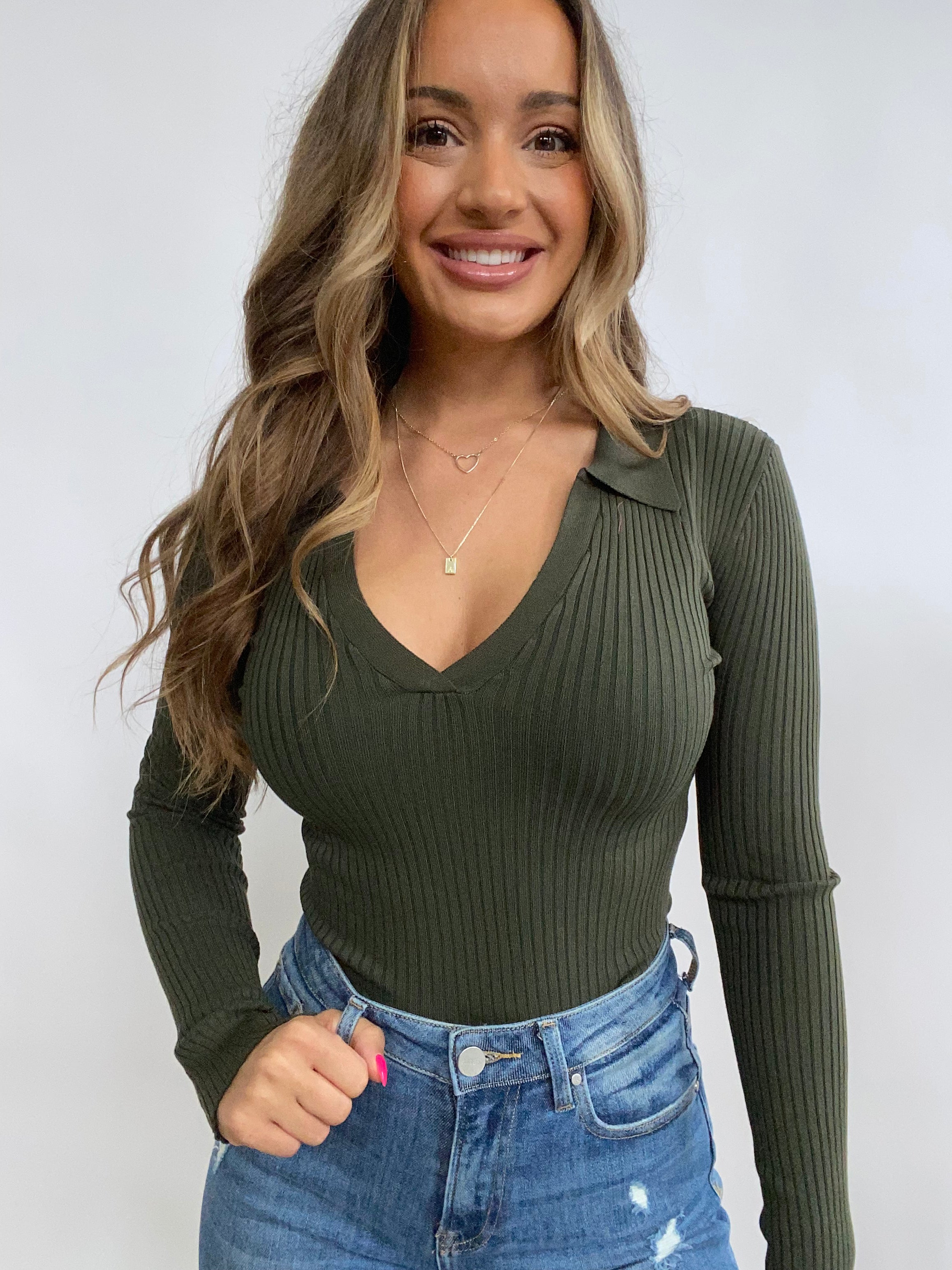 Olive Ribbed Collared Long Sleeve
