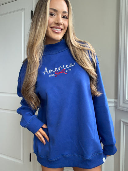 Tilly Miss Americana Embroidered Reversible Oversized Mockneck Crew