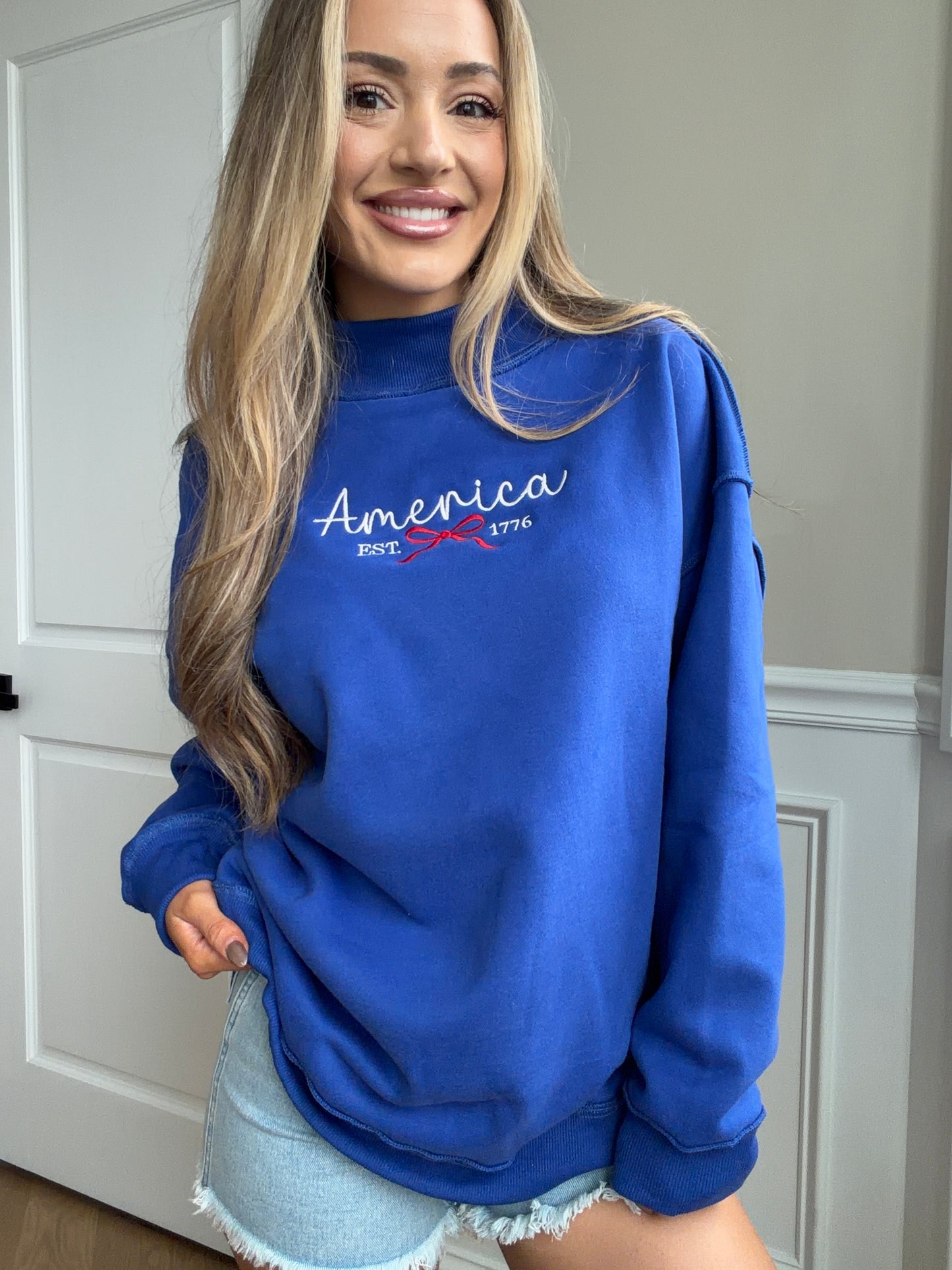 Tilly Miss Americana Embroidered Reversible Oversized Mockneck Crew