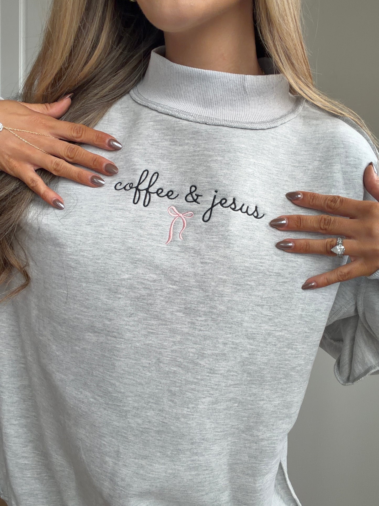 Tilly Coffee & Jesus Embroidered Reversible Oversized Mockneck Crew