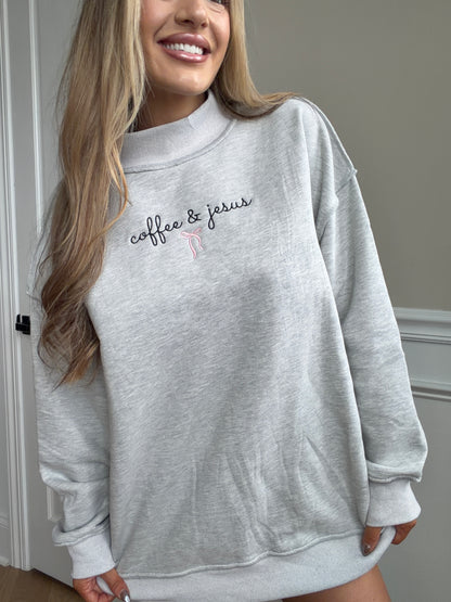Tilly Coffee & Jesus Embroidered Reversible Oversized Mockneck Crew