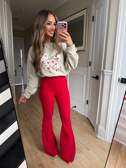 Fiona High Waisted Bell Bottom Flare Jeans - Red