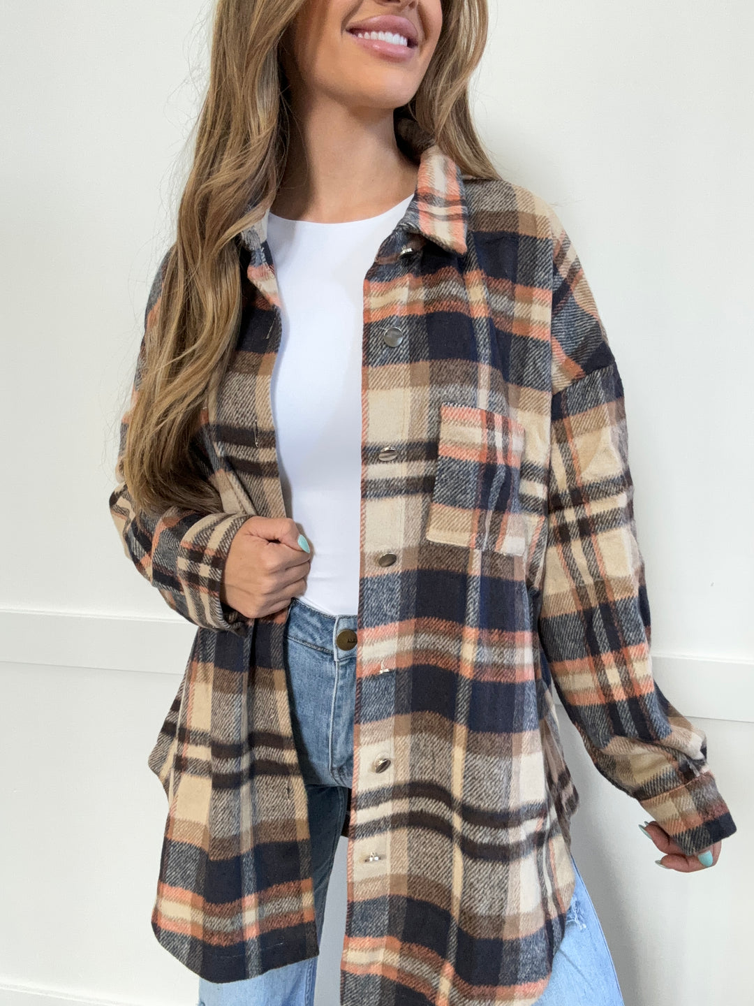 PREORDER: Aspen Plaid Button Front Shirt Jacket with Breast Pockets