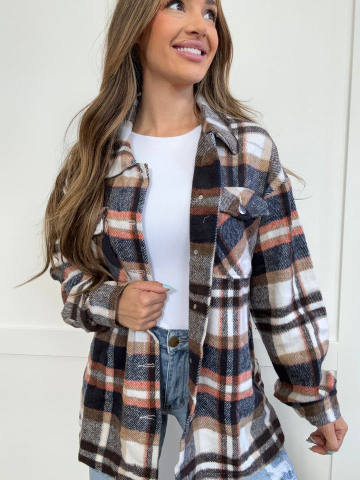 PREORDER: Aspen Plaid Button Front Shirt Jacket with Breast Pockets