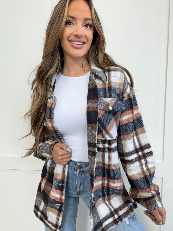 PREORDER: Aspen Plaid Button Front Shirt Jacket with Breast Pockets