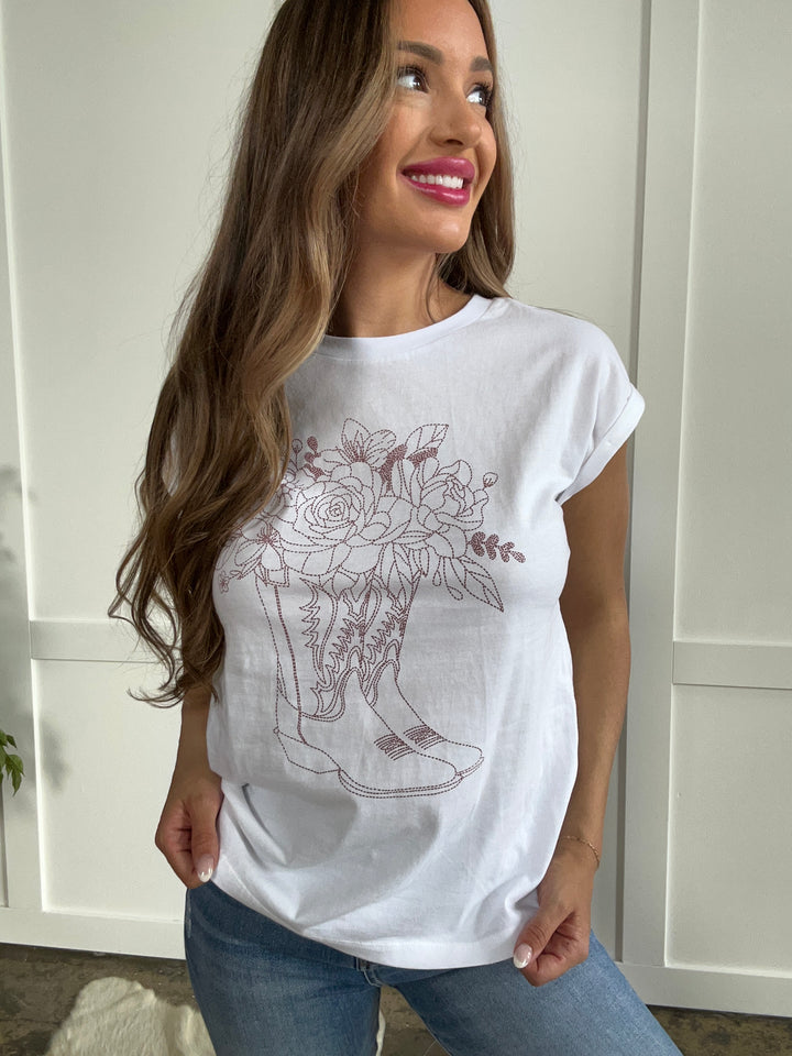 Western Flowers Embroidery Graphic Tee